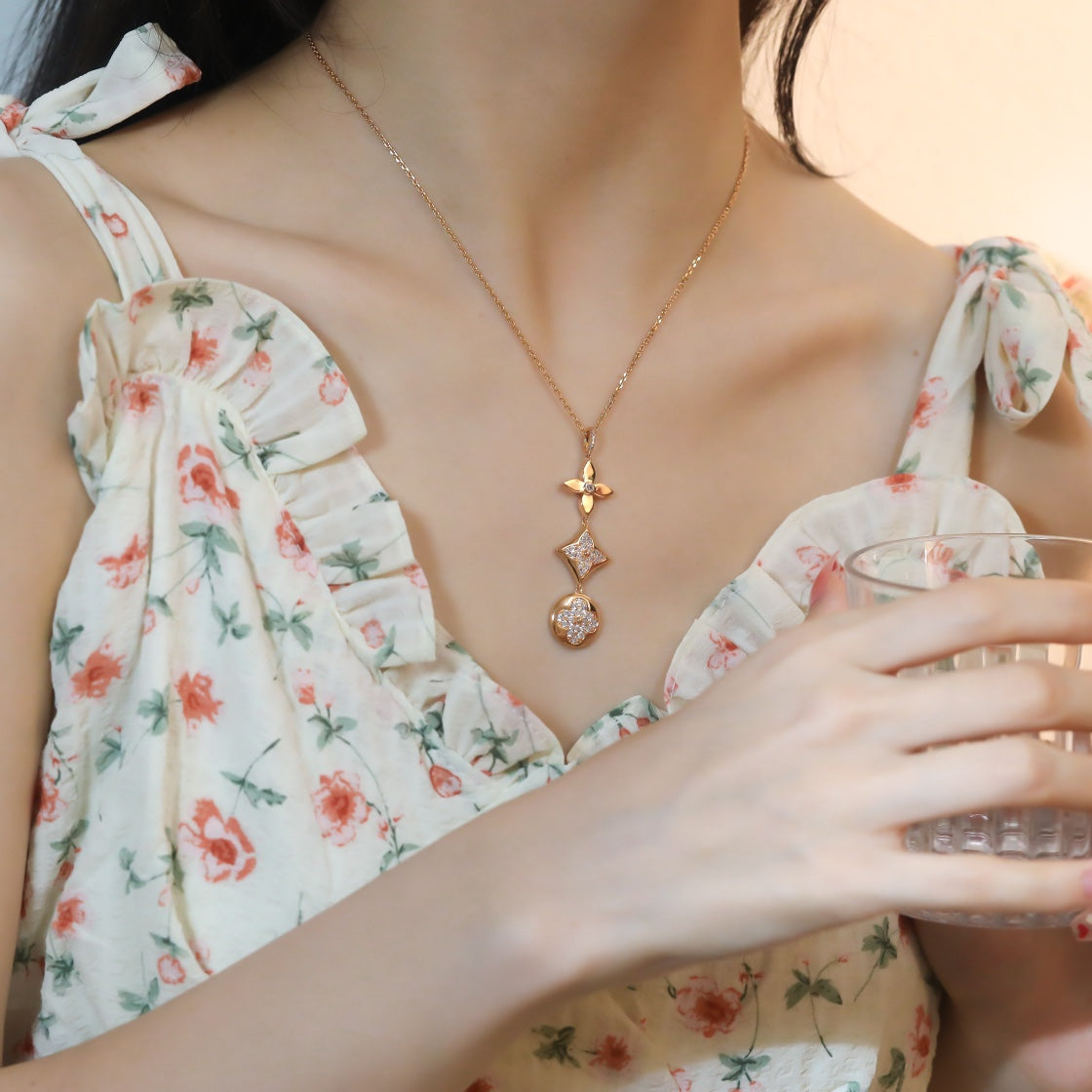 Mystic STAR AND SUN DIAMOND PINK GOLD NECKLACE