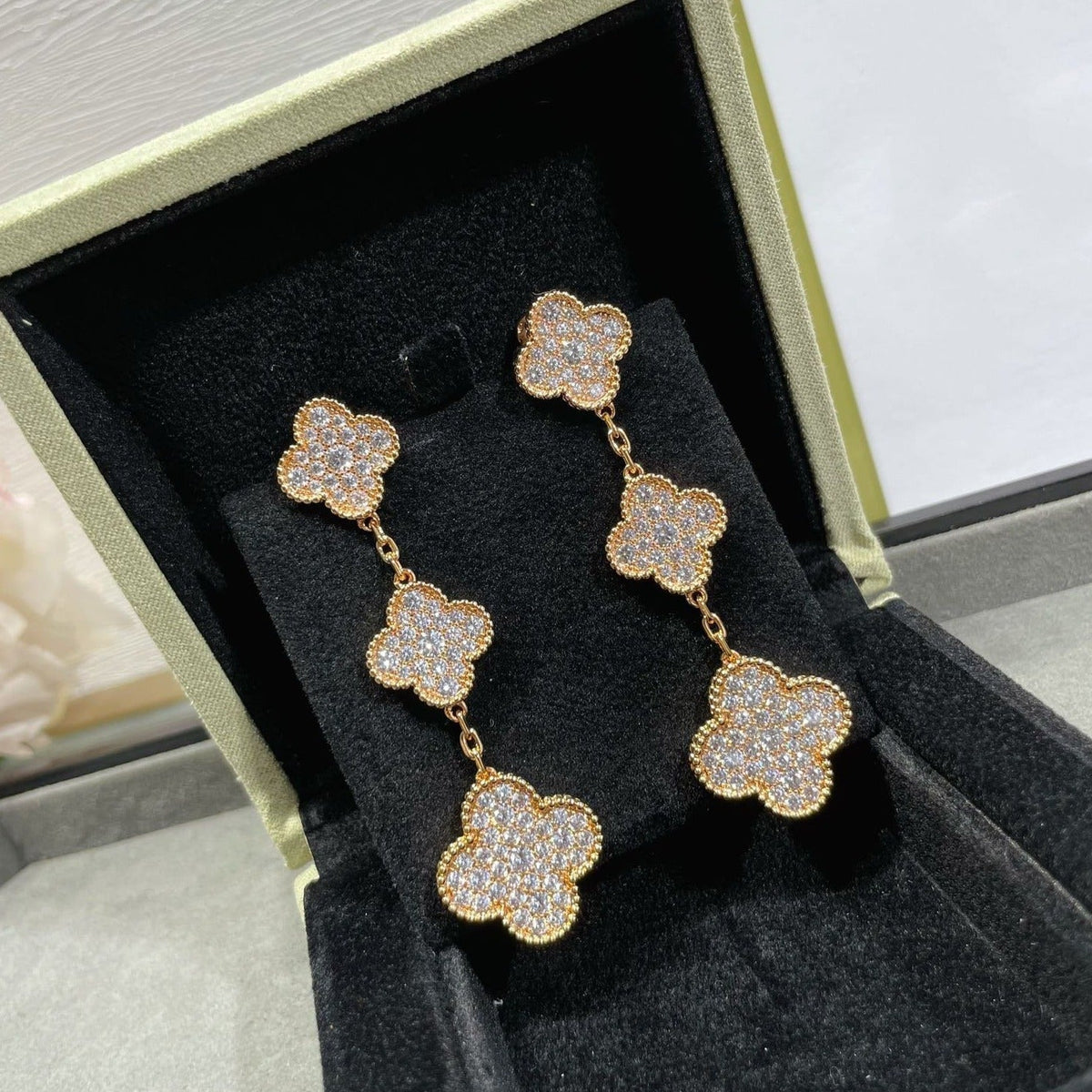 Mystic CLOVER 3 MOTIFS DIAMOND PAVED ROSE GOLD EARRINGS