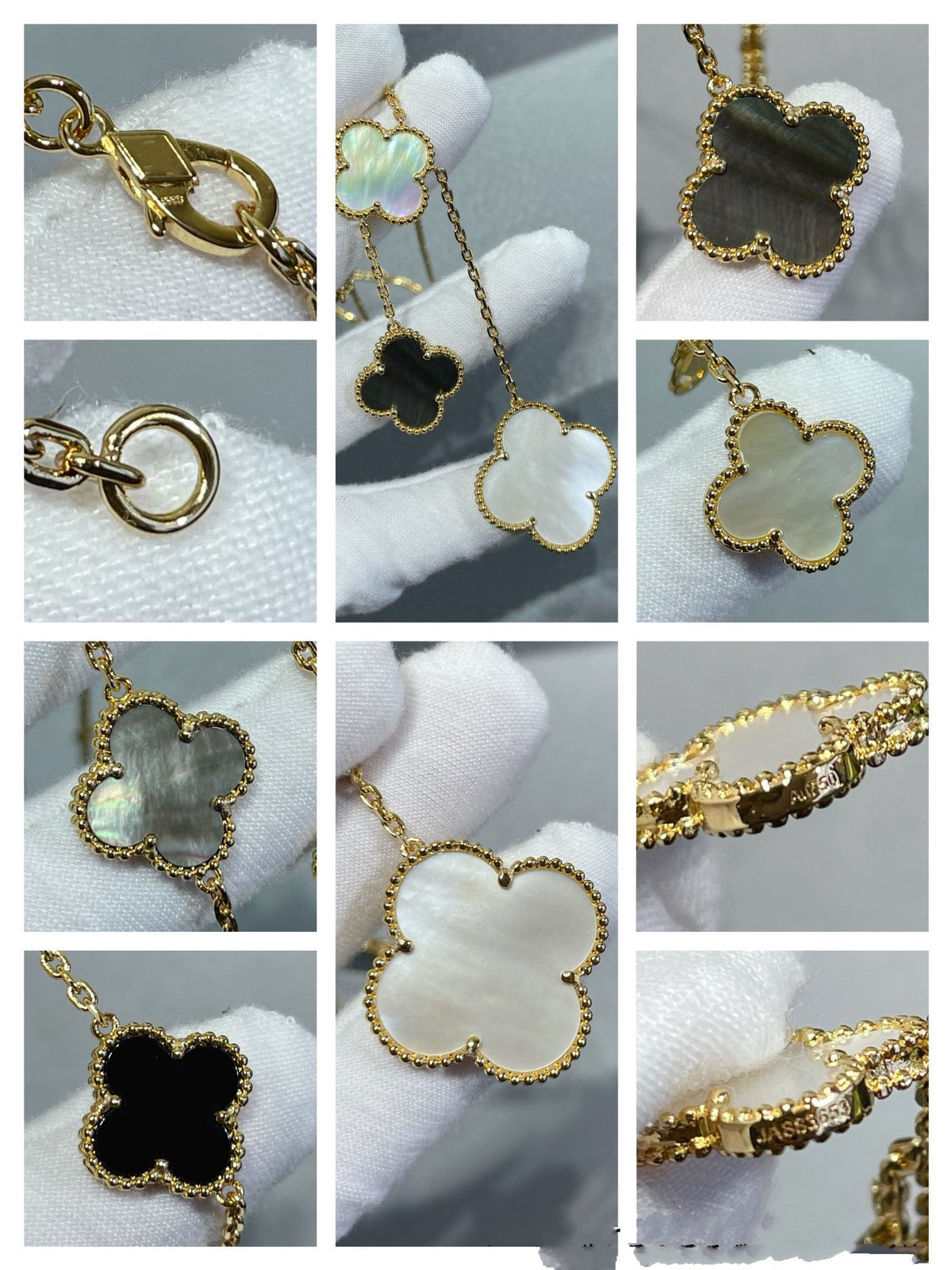 Mystic CLOVER 6 MOTIF MOP ONYX GOLD NECKLACE