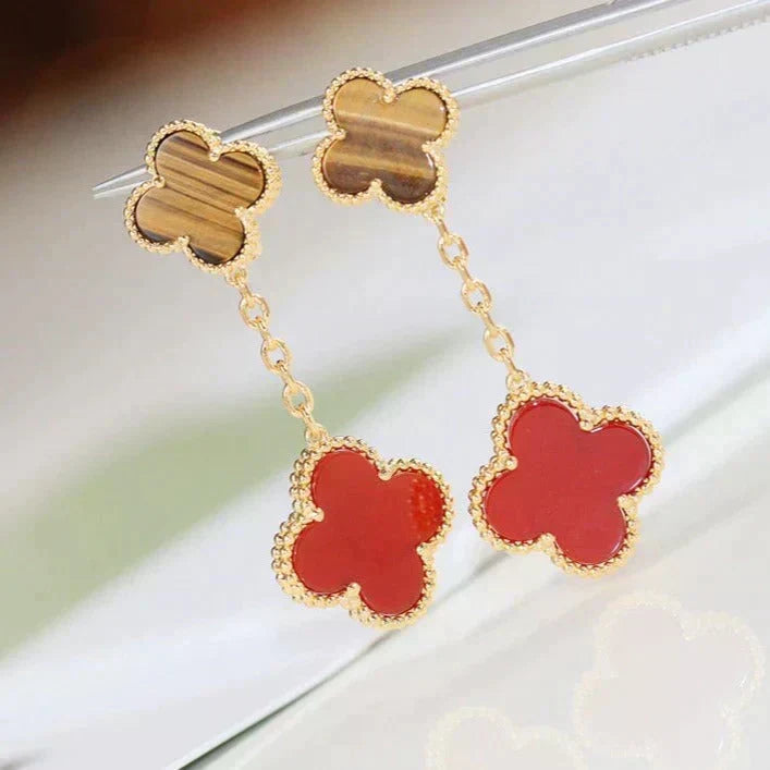 Mystic CLOVER  2 MOTIF  TIGER EYE CARNELIAN EARRINGS