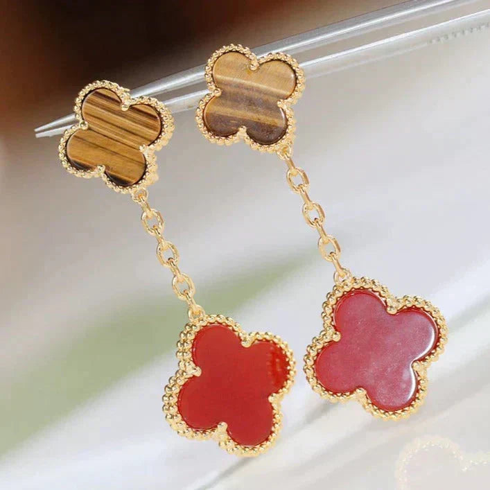 Mystic CLOVER  2 MOTIF  TIGER EYE CARNELIAN EARRINGS