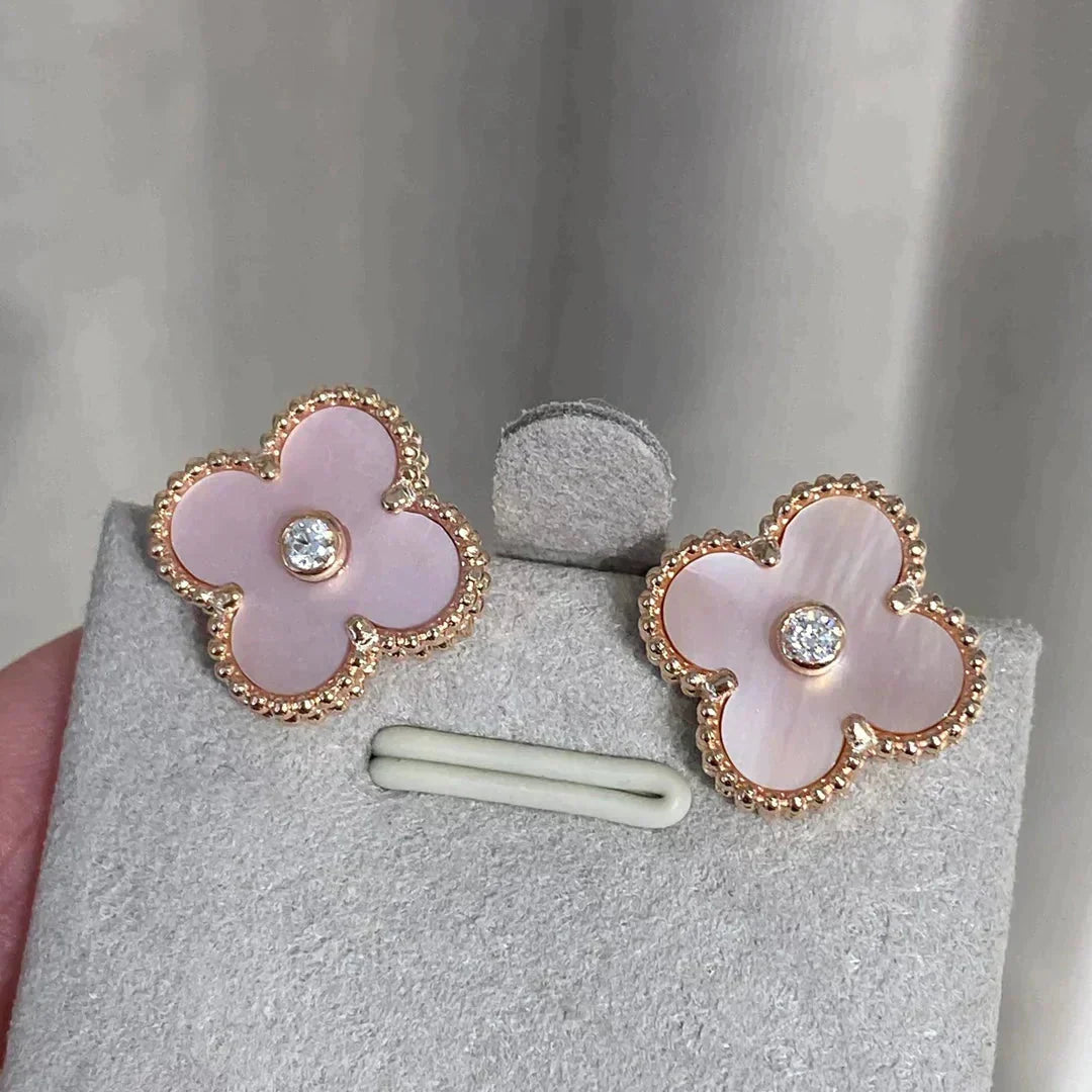 Mystic CLOVER MEDIUM 1 MOTIFS  PINK MOP DIAMOND EARRINGS
