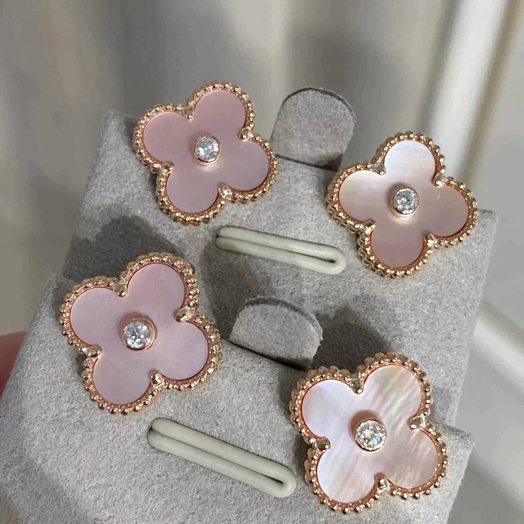 Mystic CLOVER MEDIUM 1 MOTIFS  PINK MOP DIAMOND EARRINGS