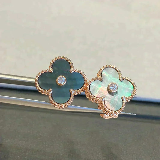 Mystic CLOVER MEDIUM 1 MOTIFS GRAY MOP  DIAMOND EARRINGS