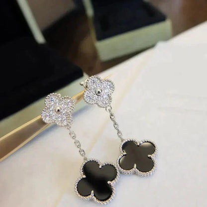 Mystic CLOVER 2 MOTIFS  DIAMOND ONYX EARRINGS SILVER