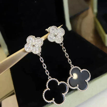 Mystic CLOVER 2 MOTIFS  DIAMOND ONYX EARRINGS SILVER