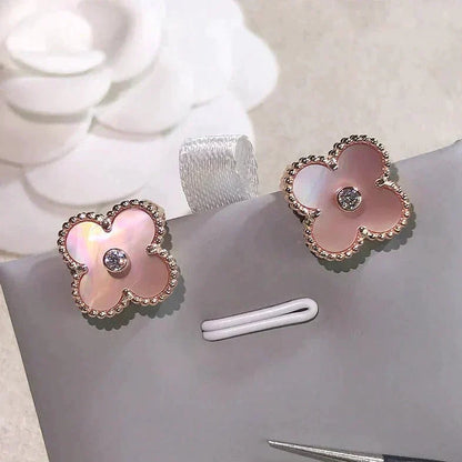 Mystic CLOVER MEDIUM 1 MOTIFS  PINK MOP DIAMOND EARRINGS