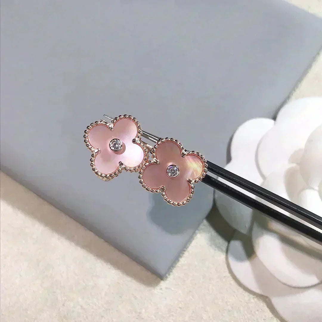 Mystic CLOVER MEDIUM 1 MOTIFS  PINK MOP DIAMOND EARRINGS