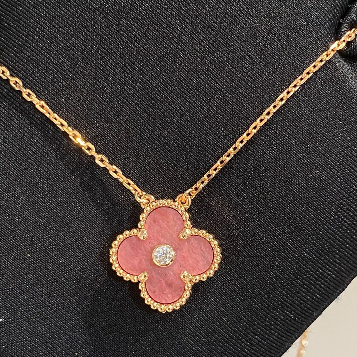 Mystic CLOVER 15MM DIAMOND RHODONITE NECKLACE