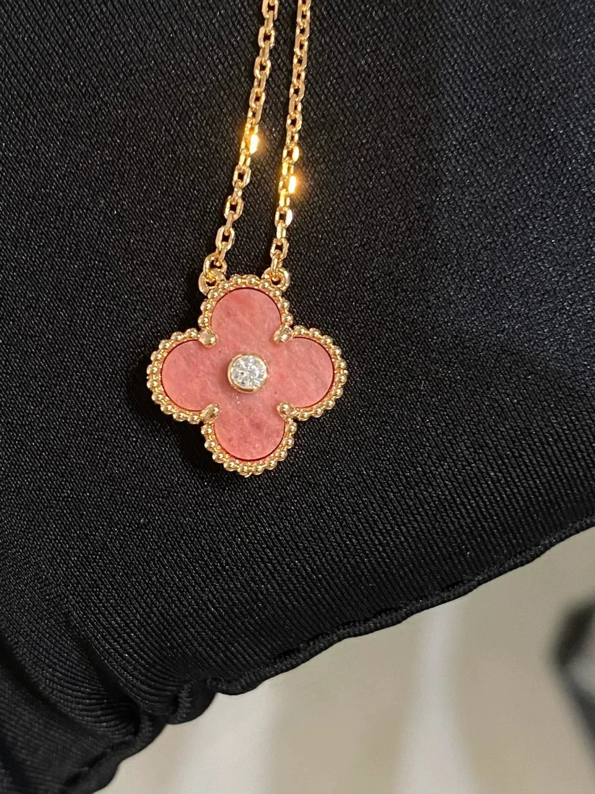 Mystic CLOVER 15MM DIAMOND RHODONITE NECKLACE