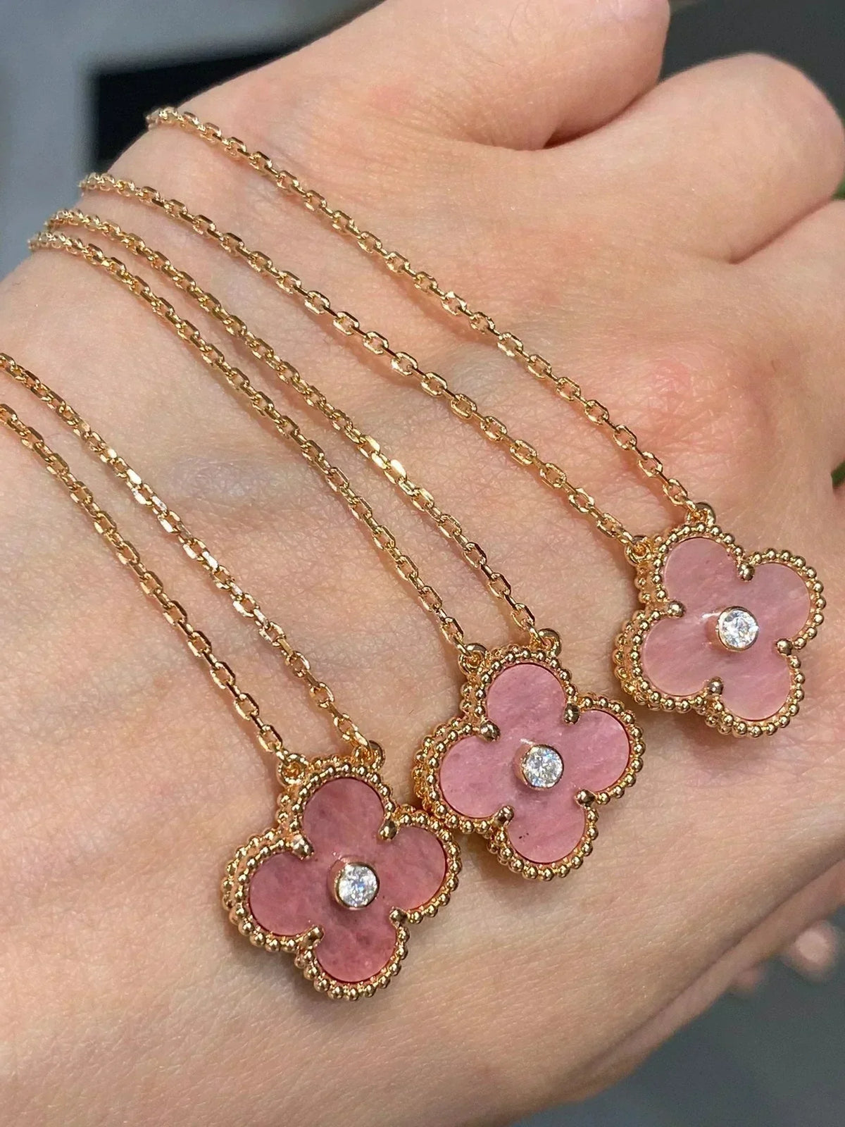 Mystic CLOVER 15MM DIAMOND RHODONITE NECKLACE