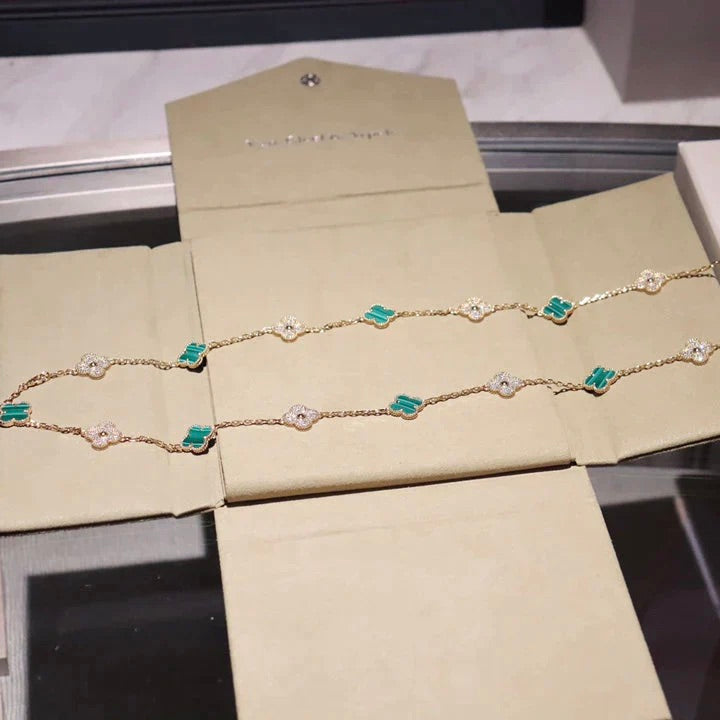 Mystic CLOVER 20 MOTIFS MALACHITE DIAMOND NECKLACE