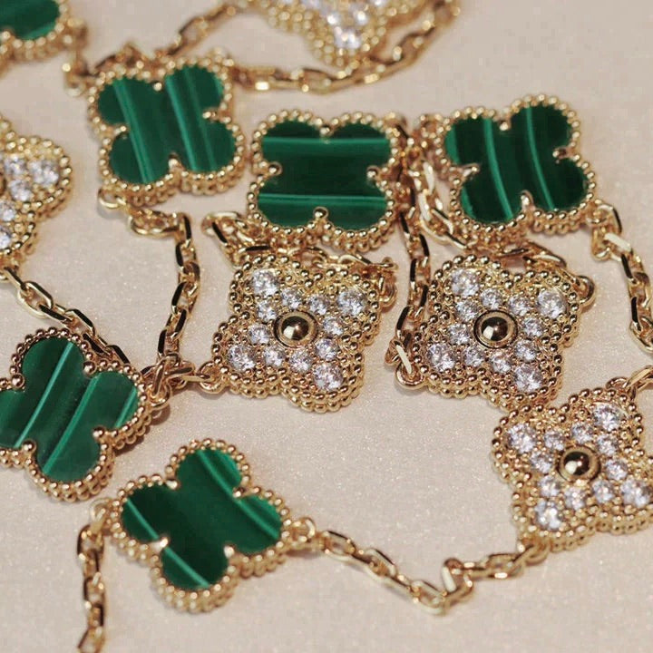 Mystic CLOVER 20 MOTIFS MALACHITE DIAMOND NECKLACE