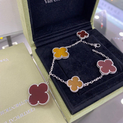 Mystic CLOVER 5 MOTIFS SIVLER CARNELIAN TIGER EYE BRACELET