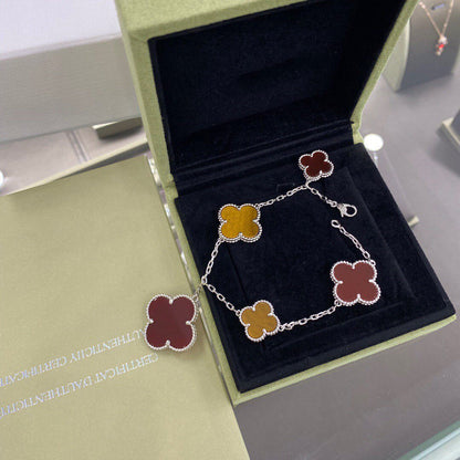 Mystic CLOVER 5 MOTIFS SIVLER CARNELIAN TIGER EYE BRACELET
