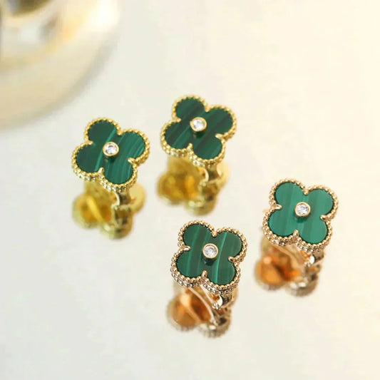 Mystic CLOVER MEDIUM 1 MOTIFS MALACHITE DIAMOND EARRINGS