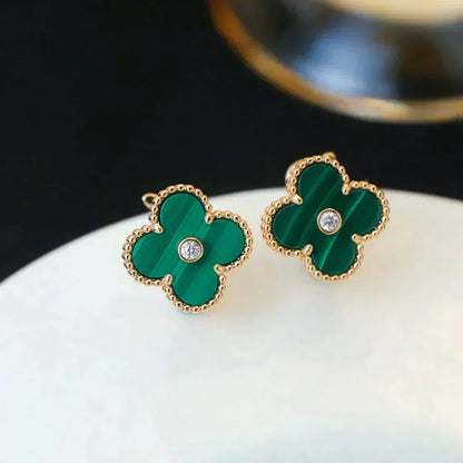 Mystic CLOVER MEDIUM 1 MOTIFS MALACHITE DIAMOND EARRINGS