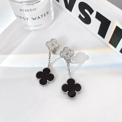 Mystic CLOVER 2 MOTIFS  DIAMOND ONYX EARRINGS SILVER