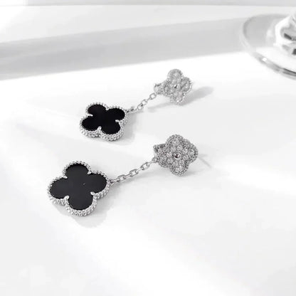 Mystic CLOVER 2 MOTIFS  DIAMOND ONYX EARRINGS SILVER