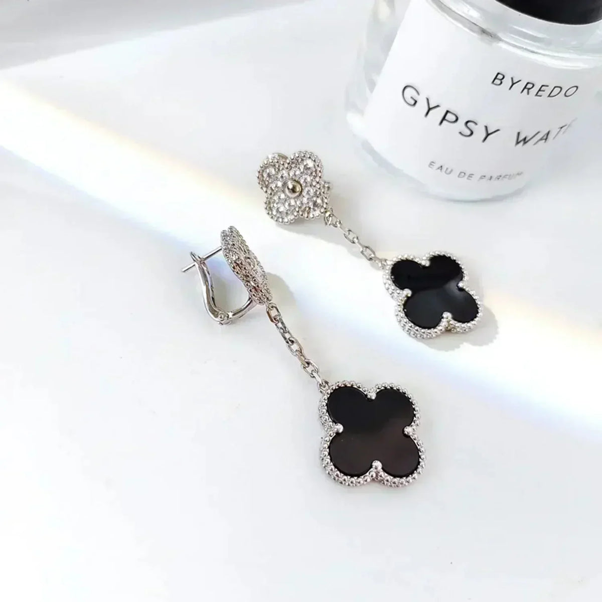 Mystic CLOVER 2 MOTIFS  DIAMOND ONYX EARRINGS SILVER