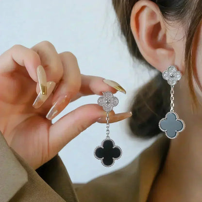Mystic CLOVER 2 MOTIFS  DIAMOND ONYX EARRINGS SILVER