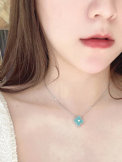 Mystic CLOVER 1 DIAMOND LIGHT BLUE SILVER NECKLACE