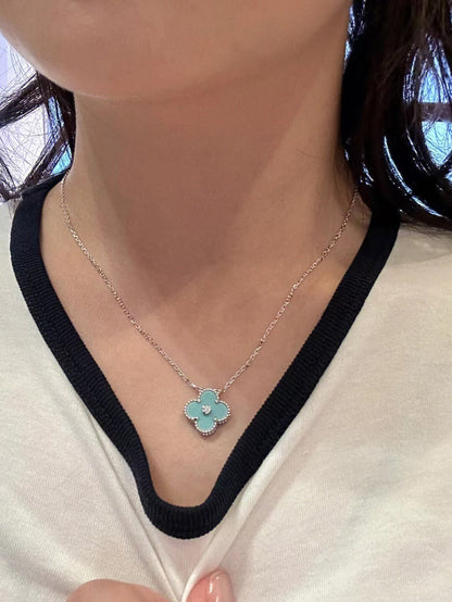 Mystic CLOVER 1 DIAMOND LIGHT BLUE SILVER NECKLACE