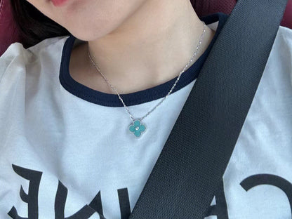 Mystic CLOVER 1 DIAMOND LIGHT BLUE SILVER NECKLACE