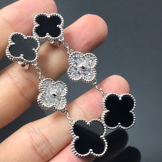 Mystic CLOVER 3 MOTIF DIAMOND ONYX SILVER EARRINGS
