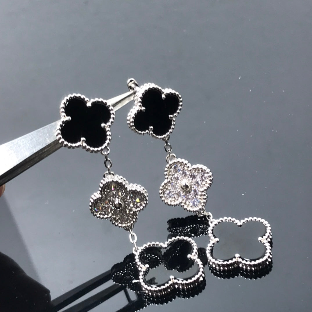 Mystic CLOVER 3 MOTIF DIAMOND ONYX SILVER EARRINGS