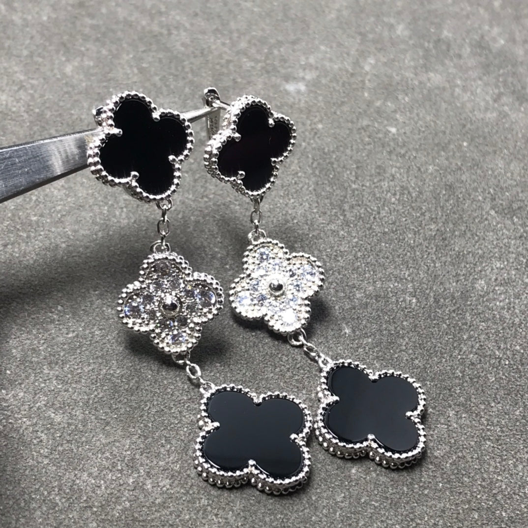 Mystic CLOVER 3 MOTIF DIAMOND ONYX SILVER EARRINGS