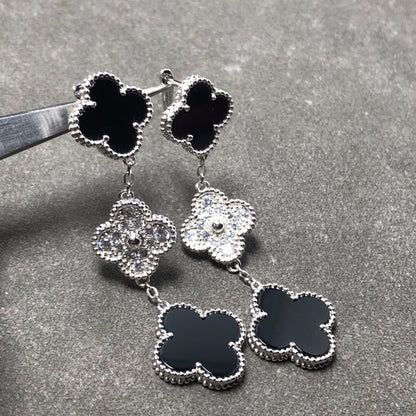 Mystic CLOVER 3 MOTIF DIAMOND ONYX SILVER EARRINGS