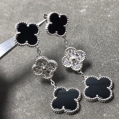 Mystic CLOVER 3 MOTIF DIAMOND ONYX SILVER EARRINGS