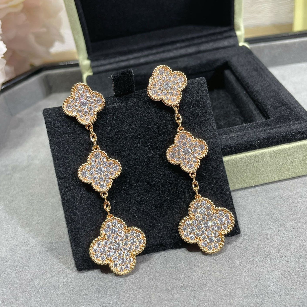 Mystic CLOVER 3 MOTIFS DIAMOND PAVED ROSE GOLD EARRINGS