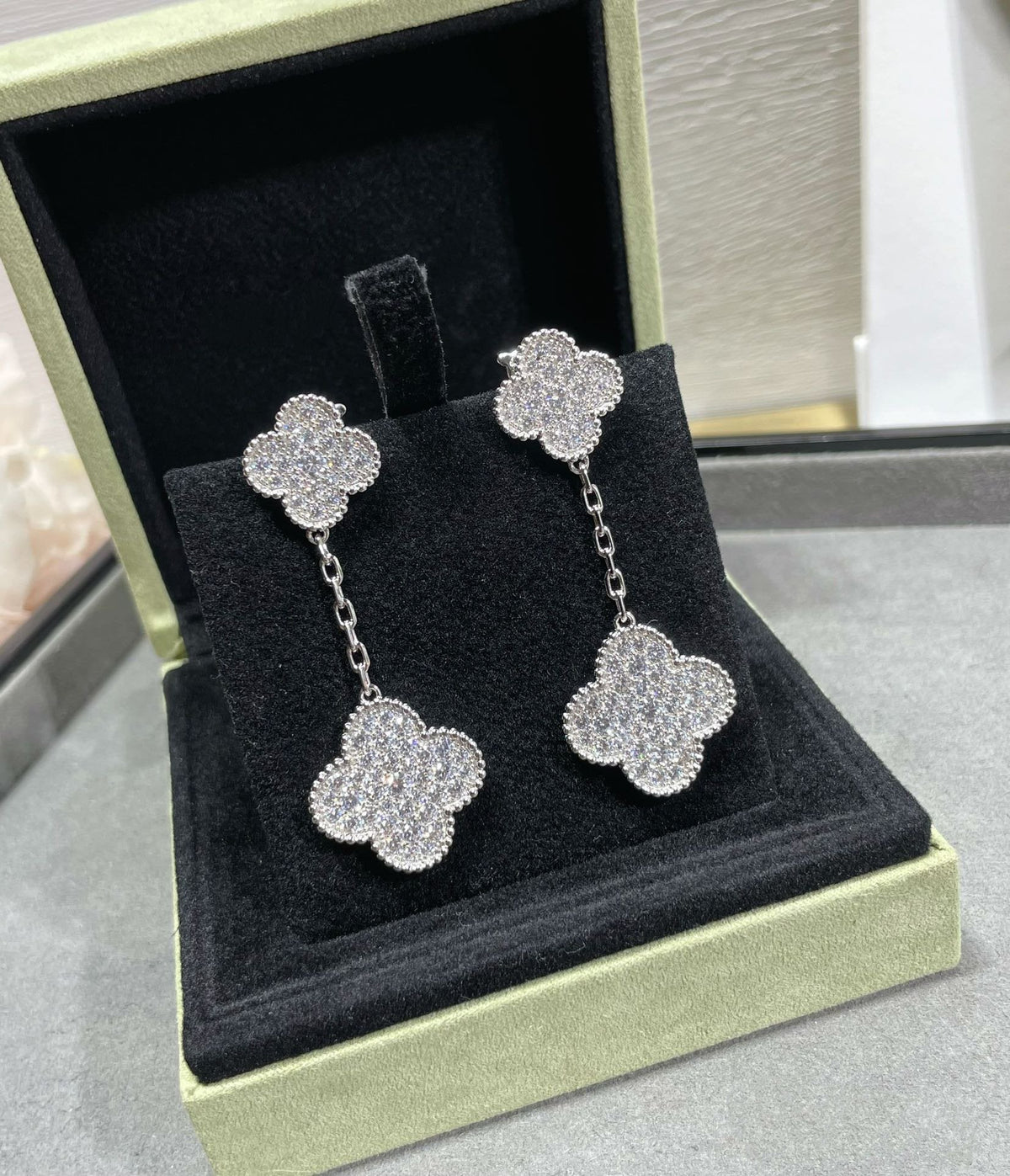 Mystic CLOVER 2 MOTIFS DIAMOND PAVED SILVER EARRINGS