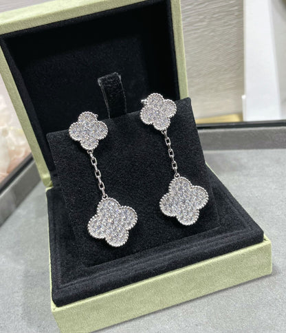 Mystic CLOVER 2 MOTIFS DIAMOND PAVED SILVER EARRINGS