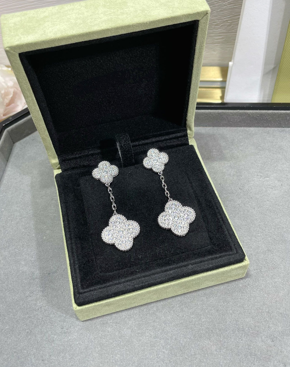 Mystic CLOVER 2 MOTIFS DIAMOND PAVED SILVER EARRINGS