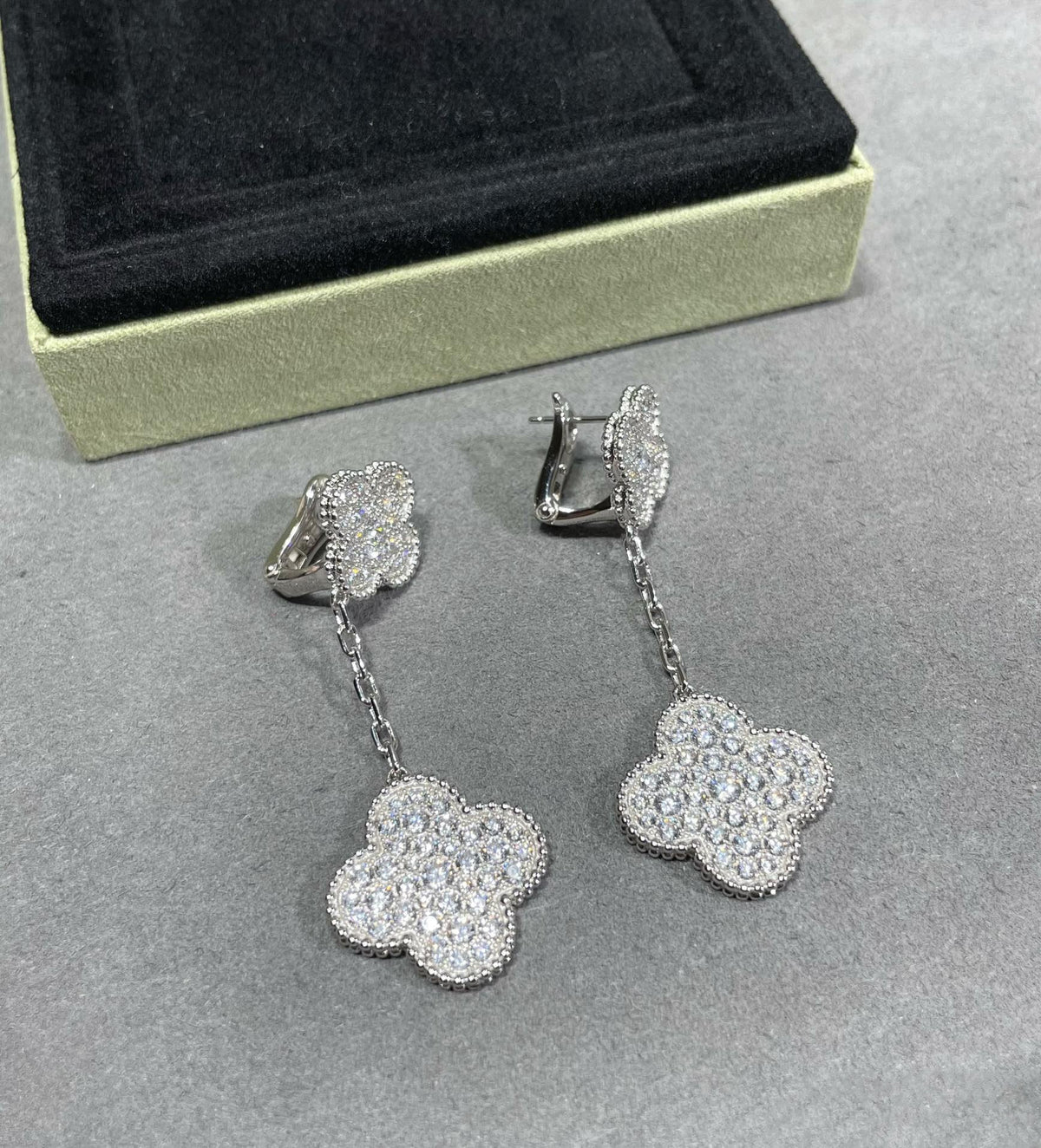 Mystic CLOVER 2 MOTIFS DIAMOND PAVED SILVER EARRINGS