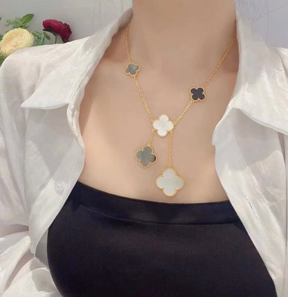Mystic CLOVER 6 MOTIF MOP ONYX GOLD NECKLACE