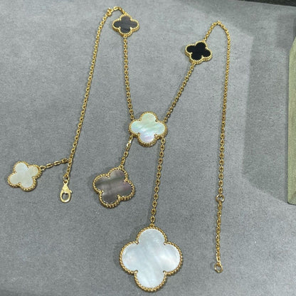 Mystic CLOVER 6 MOTIF MOP ONYX GOLD NECKLACE