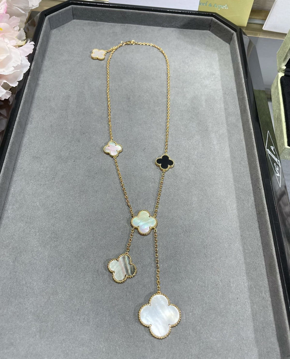 Mystic CLOVER 6 MOTIF MOP ONYX GOLD NECKLACE