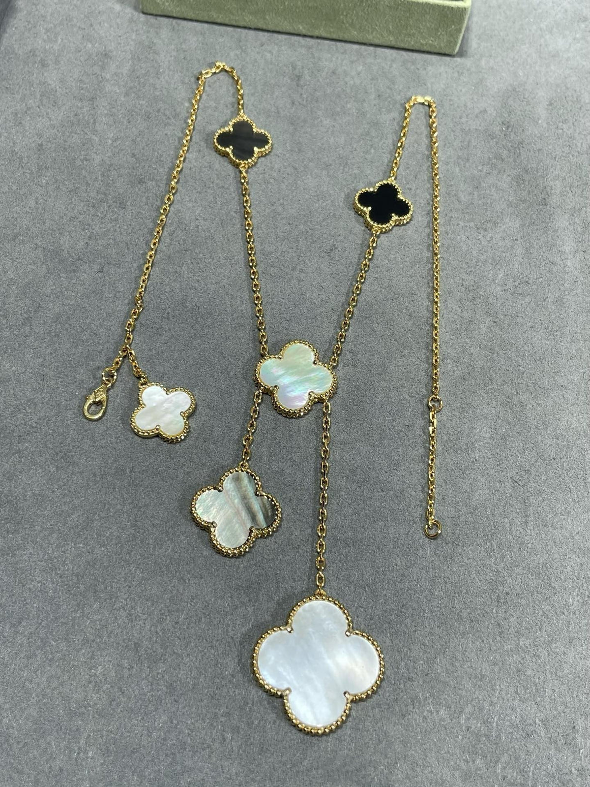 Mystic CLOVER 6 MOTIF MOP ONYX GOLD NECKLACE
