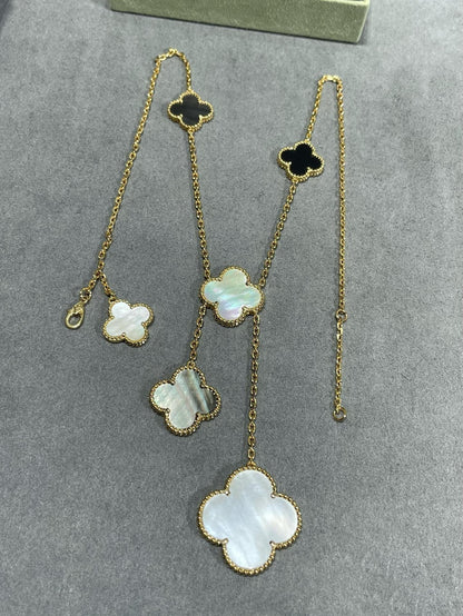Mystic CLOVER 6 MOTIF MOP ONYX GOLD NECKLACE