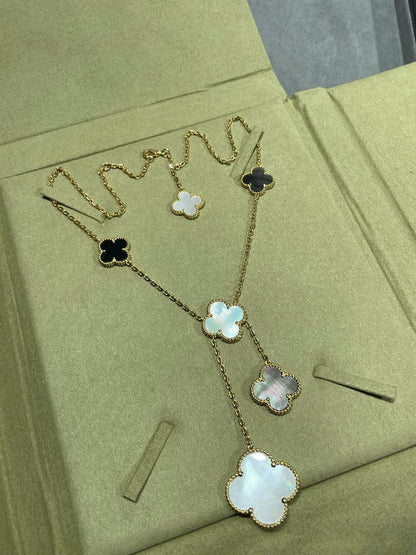 Mystic CLOVER 6 MOTIF MOP ONYX GOLD NECKLACE