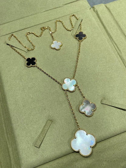 Mystic CLOVER 6 MOTIF MOP ONYX GOLD NECKLACE