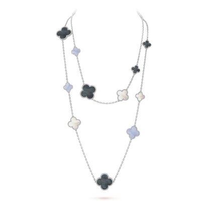 Mystic CLOVER 16 MOTIF CHALCEDONY MOP SILVER NECKLACE