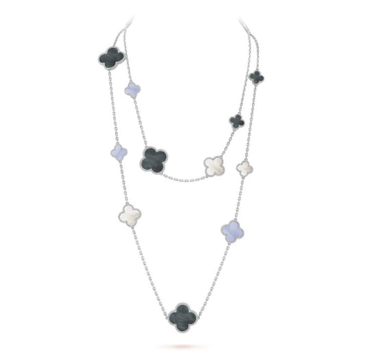 Mystic CLOVER 16 MOTIF CHALCEDONY MOP SILVER NECKLACE