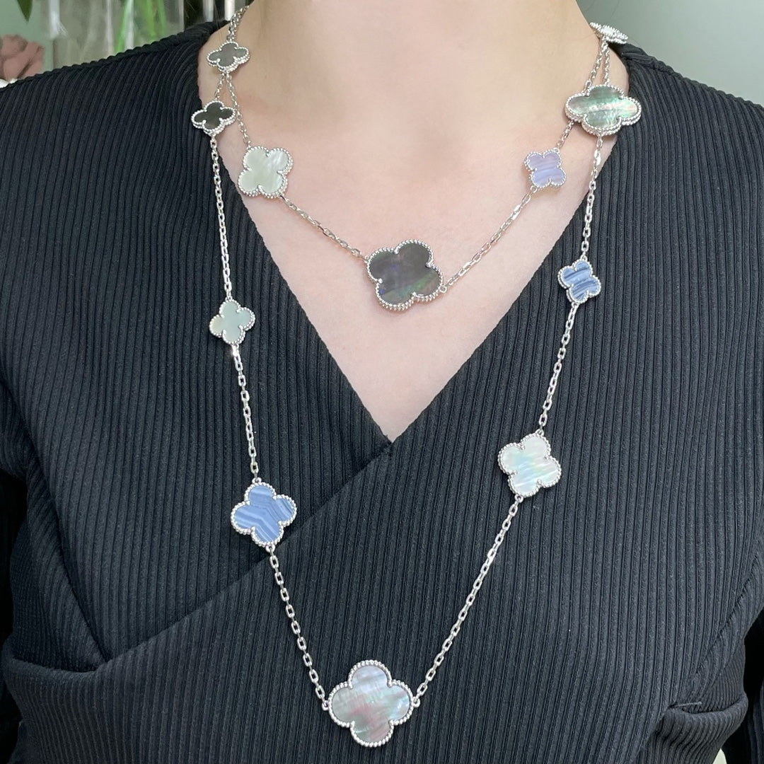 Mystic CLOVER 16 MOTIF CHALCEDONY MOP SILVER NECKLACE