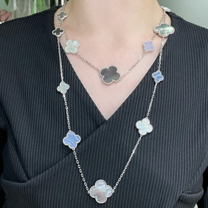 Mystic CLOVER 16 MOTIF CHALCEDONY MOP SILVER NECKLACE