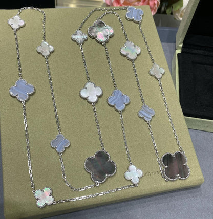 Mystic CLOVER 16 MOTIF CHALCEDONY MOP SILVER NECKLACE